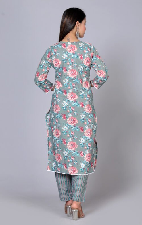 Cotton Flower print Sequence embroidered Pant Set-Wholesale - Image 3