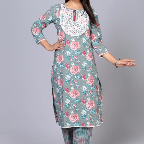 Cotton Flower print Sequence embroidered Pant Set-Wholesale
