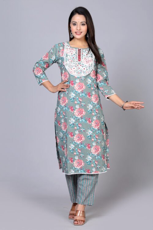 Cotton Flower print Sequence embroidered Pant Set-Wholesale