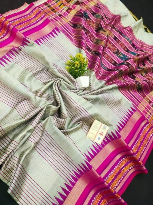 Pure Tussar Silk Saree with Ikat Border - Image 3