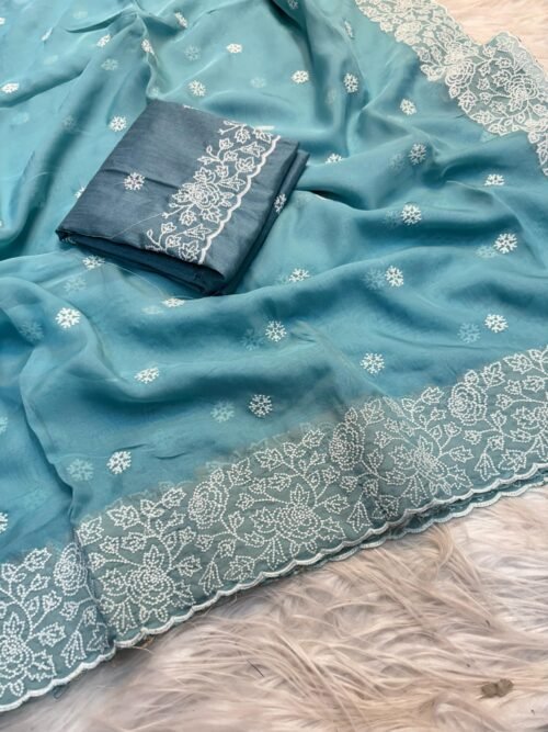Soft pure tussar silk saree with beautiful white therd embroidery work c pallu with embroidery work blouse