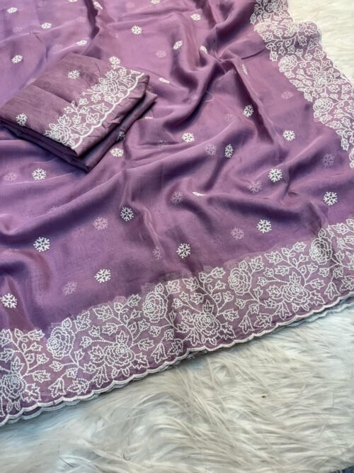 Soft pure tussar silk saree with beautiful white therd embroidery work c pallu with embroidery work blouse - Image 2