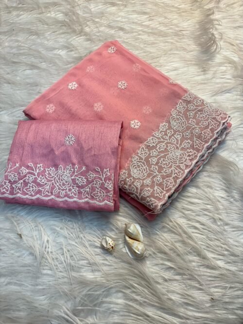 Soft pure tussar silk saree with beautiful white therd embroidery work c pallu with embroidery work blouse - Image 3