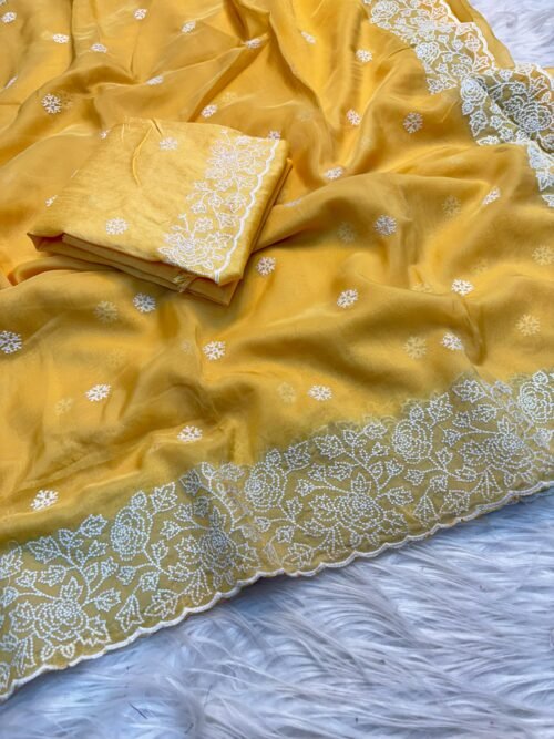 Soft pure tussar silk saree with beautiful white therd embroidery work c pallu with embroidery work blouse - Image 4