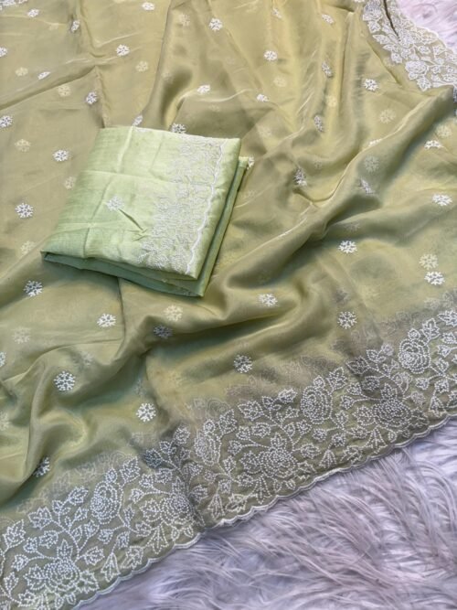 Soft pure tussar silk saree with beautiful white therd embroidery work c pallu with embroidery work blouse - Image 5