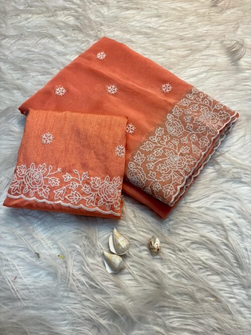 Soft pure tussar silk saree with beautiful white therd embroidery work c pallu with embroidery work blouse - Image 6