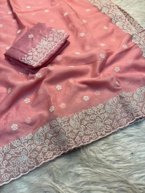 Soft pure tussar silk saree with beautiful white therd embroidery work c pallu with embroidery work blouse - Image 7