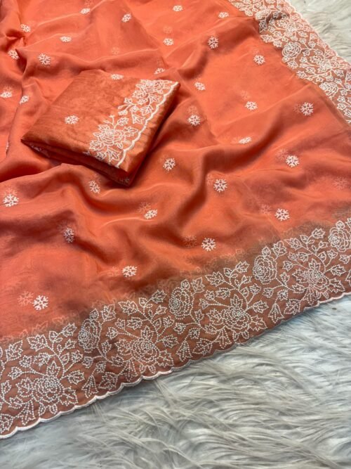 Soft pure tussar silk saree with beautiful white therd embroidery work c pallu with embroidery work blouse - Image 8