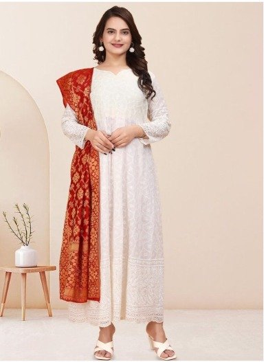 Heavy Chikan Anarkali Gown with colourful dupatta wholesale 4 Heavy Chikan Anarkali Gown with colourful dupatta wholesale - Image 3