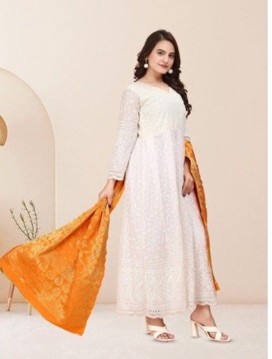 Heavy Chikan Anarkali Gown with colourful dupatta wholesale 6 Heavy Chikan Anarkali Gown with colourful dupatta wholesale - Image 5