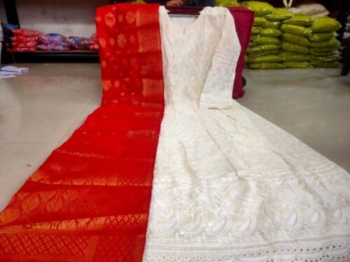 Heavy Chikan Anarkali Gown with colourful dupatta wholesale - Image 11