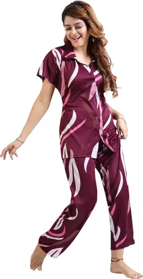 Women Printed Purple Shirt and Pyjama set 3 Women Printed Purple Shirt and Pyjama set - Image 2