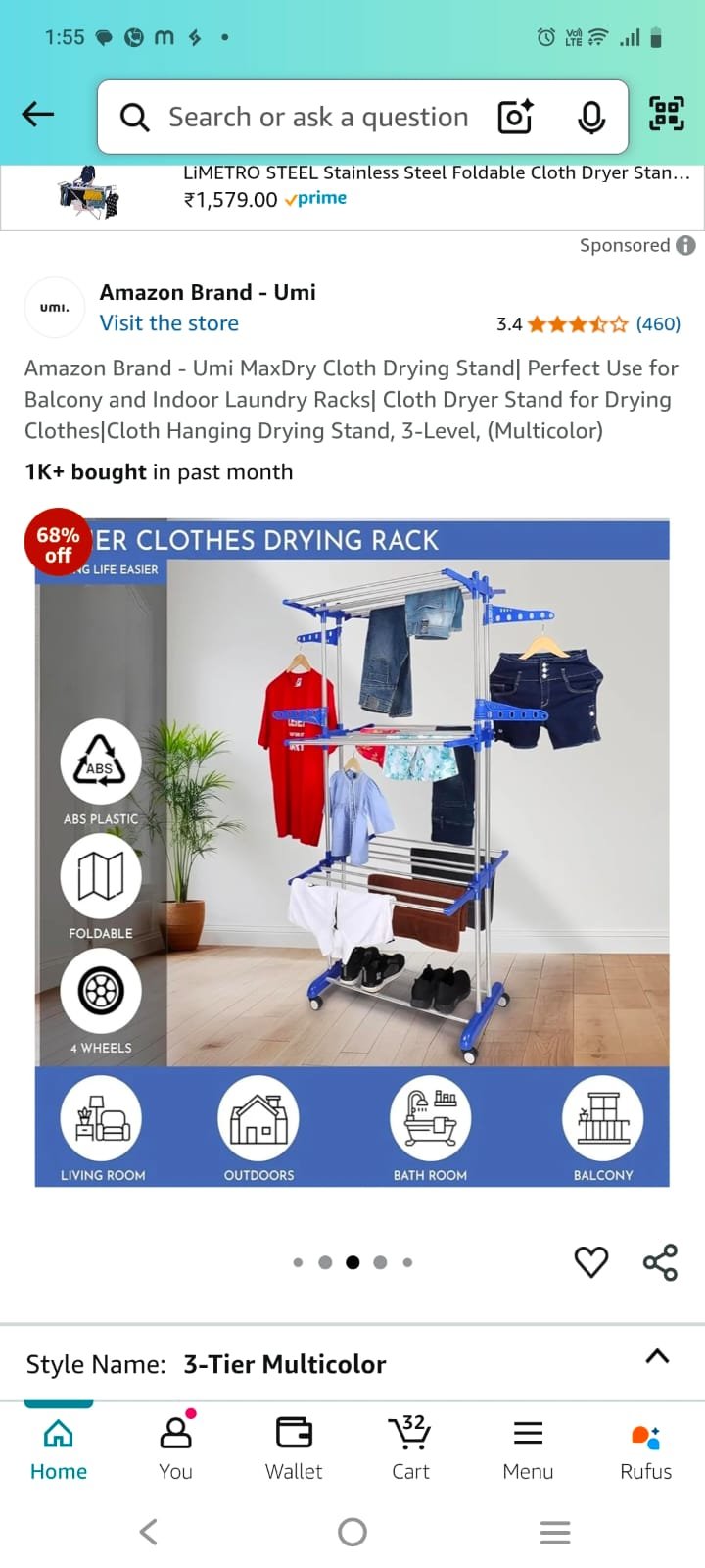 Descaler Heavy Duty Stainless Steel Foldable Cloth Drying Stand, 3 Layer Foldable Cloth Drying Stand 4 Descaler Heavy Duty Stainless Steel Foldable Cloth Drying Stand, 3 Layer Foldable Cloth Drying Stand - Image 4