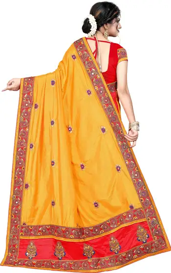 Solid Bollywood Art Silk Saree (Yellow, Red) 3 Solid Bollywood Art Silk Saree (Yellow, Red) - Image 2