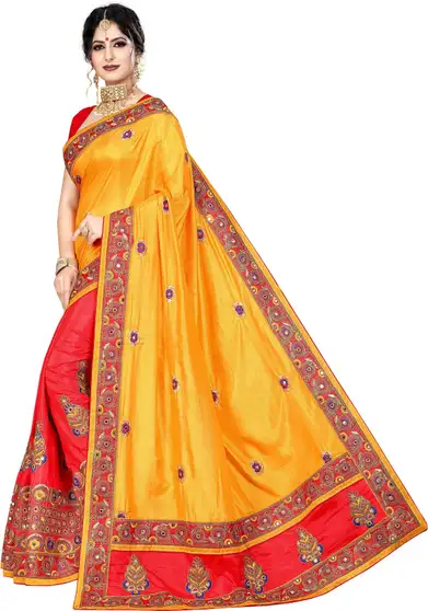 Solid Bollywood Art Silk Saree (Yellow, Red) 4 Solid Bollywood Art Silk Saree (Yellow, Red) - Image 3