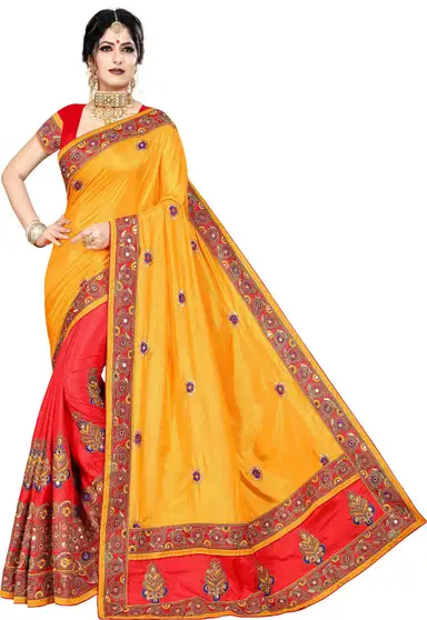 Solid Bollywood Art Silk Saree (Yellow, Red) 2 Solid Bollywood Art Silk Saree (Yellow, Red)