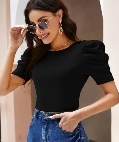 POPWINGS Casual Self Design Women Black Top 6 POPWINGS Casual Self Design Women Black Top