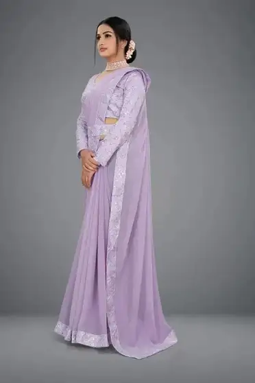 ONTIC LIFESTYLE Solid/Plain Bollywood Chiffon, Georgette Saree (Purple) 4 ONTIC LIFESTYLE Solid/Plain Bollywood Chiffon, Georgette Saree (Purple) - Image 3