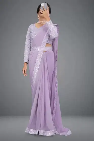 ONTIC LIFESTYLE Solid/Plain Bollywood Chiffon, Georgette Saree (Purple) 6 ONTIC LIFESTYLE Solid/Plain Bollywood Chiffon, Georgette Saree (Purple) - Image 5