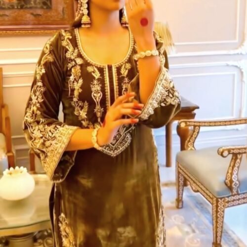 Embroidered Attractive Party Wear Velvet Silk fabric Kurti Bottom SET Wholesale