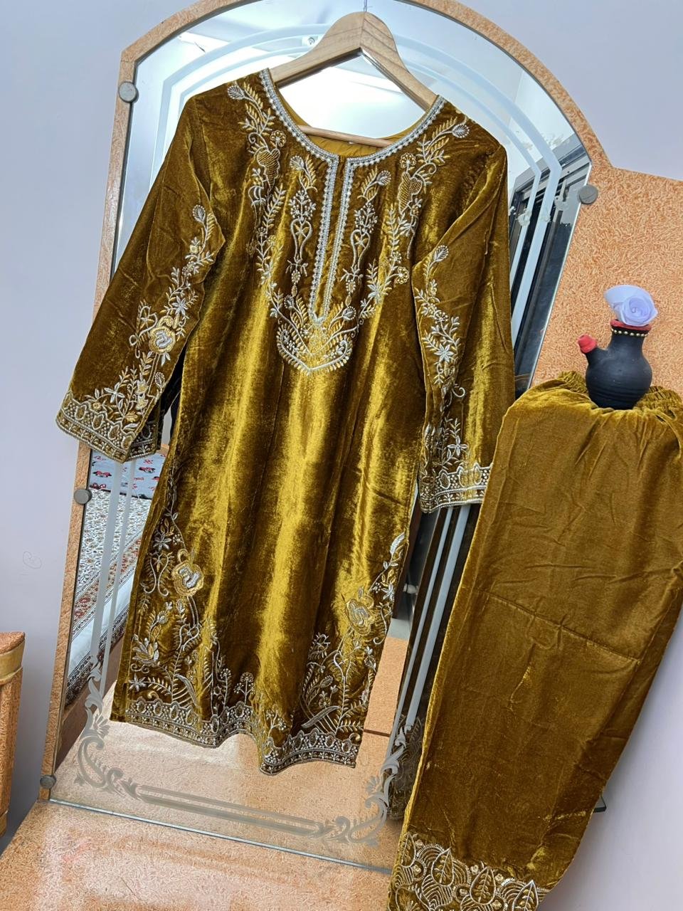Embroidered Attractive Party Wear Velvet Silk fabric Kurti Bottom SET Wholesale 10 Embroidered Attractive Party Wear Velvet Silk fabric Kurti Bottom SET Wholesale - Image 9