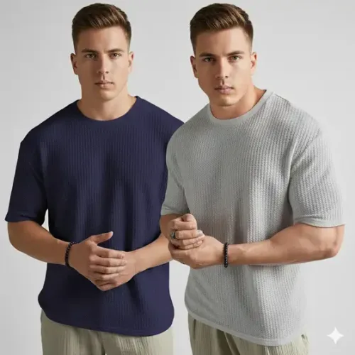 Self Design Men Grey Blue T-Shirt