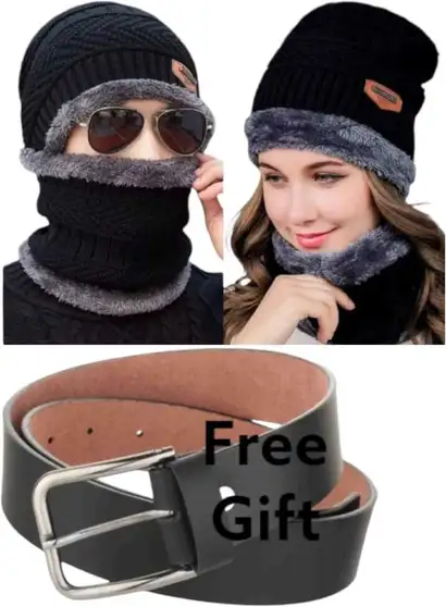 Suw Winter wear woolen cap and mufler for men and women free gift artificial leather belt inside for Boys & Girls (Black) 2 Suw Winter wear woolen cap and mufler for men and women free gift artificial leather belt inside for Boys & Girls (Black)
