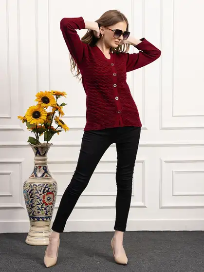 DADU DAYAL Self Design V Neck Party Women Pure Wool Sweater 3 DADU DAYAL Self Design V Neck Party Women Pure Wool Sweater - Image 2