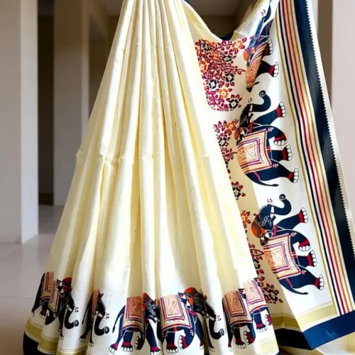 Kjs Ikkat Cotton Blend Saree with Unstitched Blouse