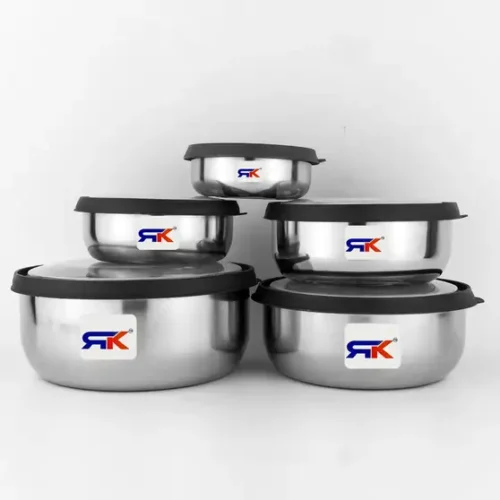 RK Pack of 5 Steel Cookie Jar - 300 ml, 500 ml, 750 ml, 1150 ml, 1650 ml Silver